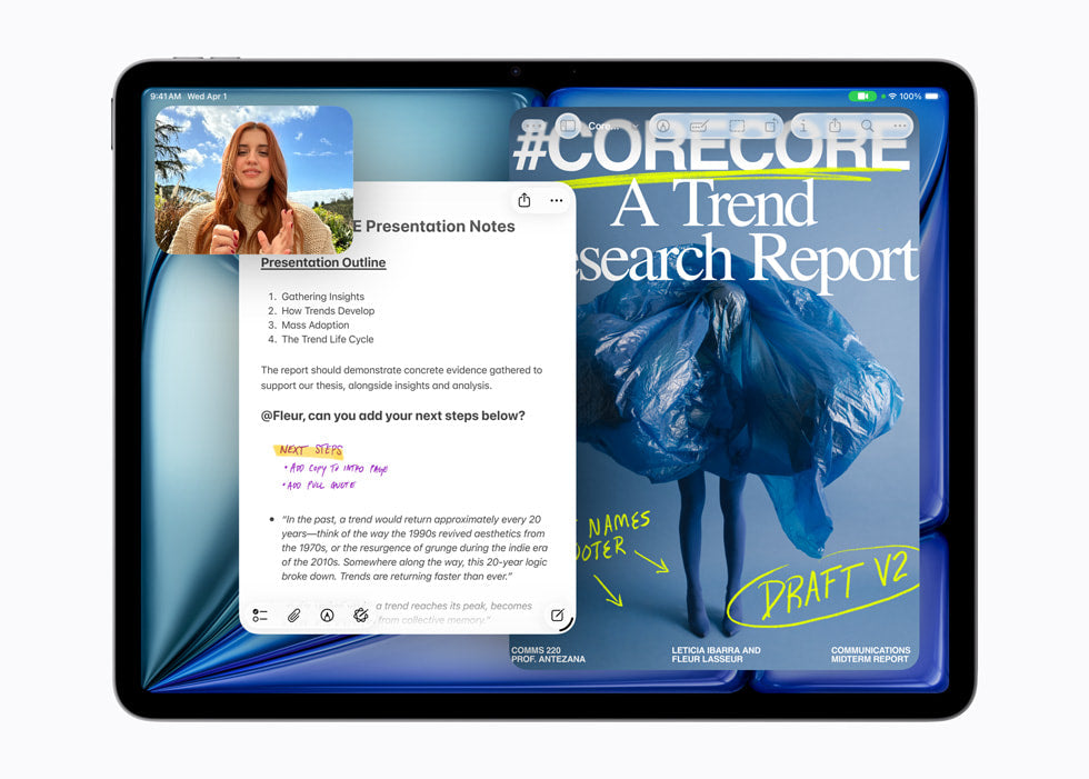 iPad Air com M4 rodando FaceTime, Notes e PDF em multitarefa com o novo iPadOS 26