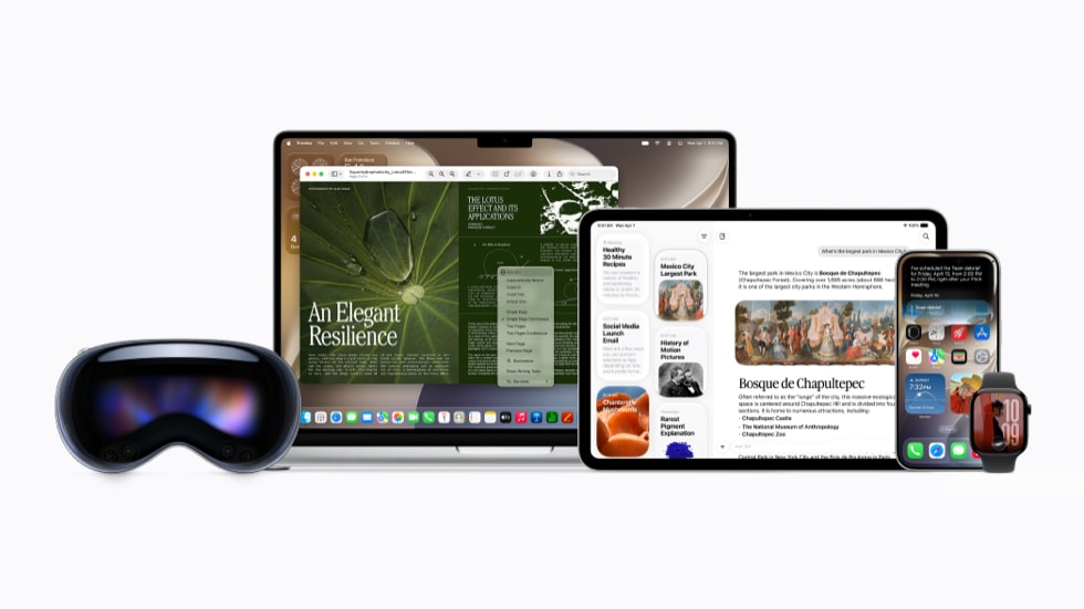 Coleção de produtos Apple mostrando o novo Siri AI em ação