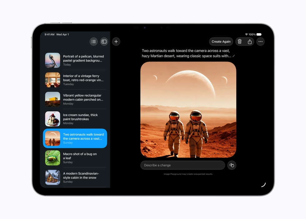 Image Playground no iPadOS 27 mostrando imagem gerada com IA de dois astronautas no deserto marciano